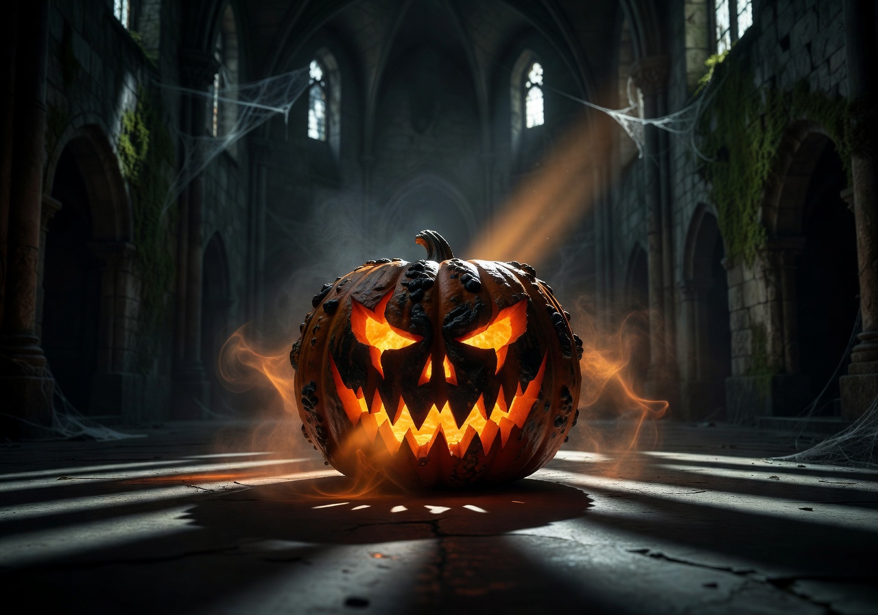 Cinematic dark glowing halloween pumpkin