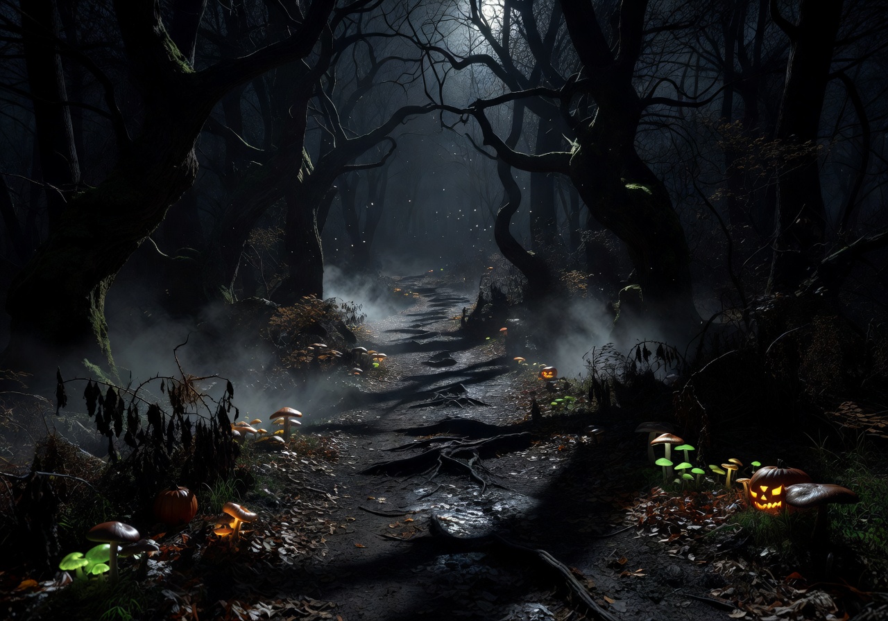Deep dark spooky forest path matching halloween theme